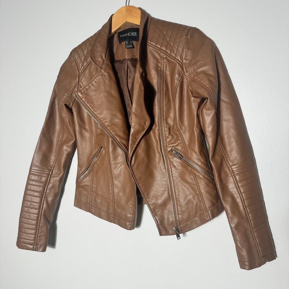 Mandee Woms Brown Faux Leather Moto‎ Atyle jacket Sz Small